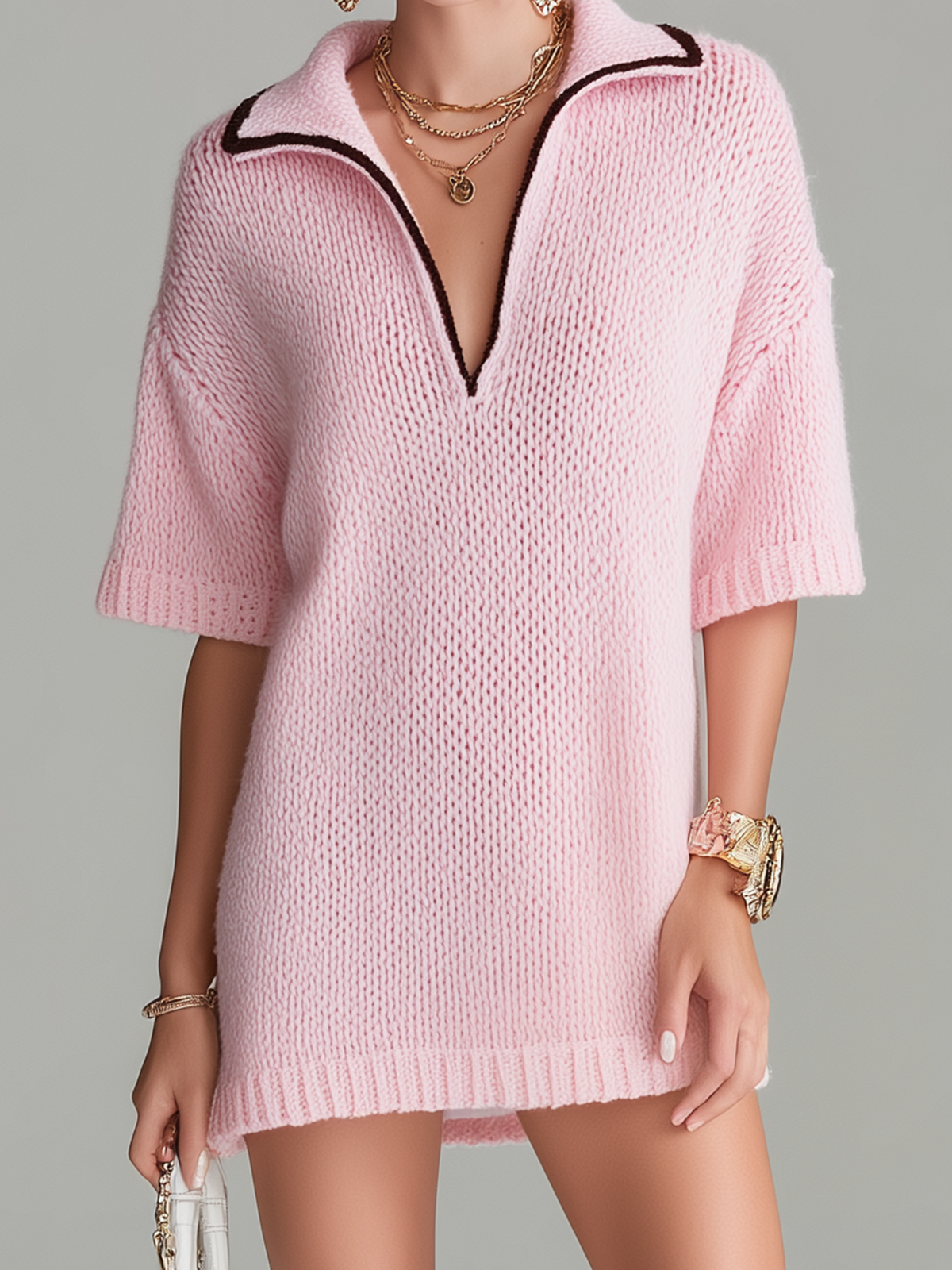 ElevenOra Fashion Casual Pink Lapel V-neck Contrast Trim Short Sleeve Loose Ribbed Knit Mini Dress