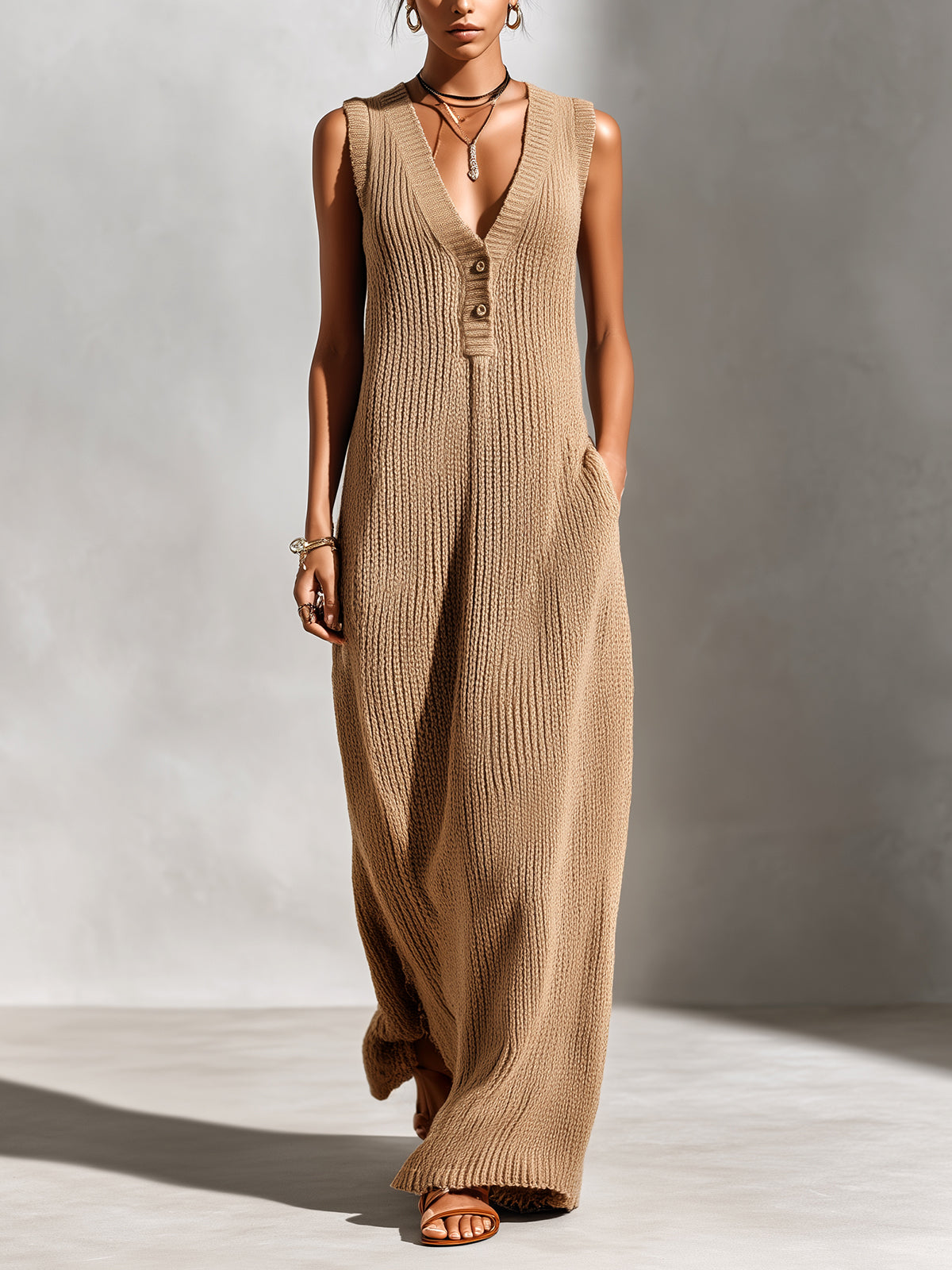 ElevenOra Chic Elegant Camel V-Neck Button-Front Sleeveless Loose-Fit Ribbed Knit Maxi Dress