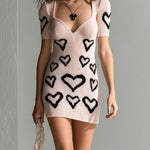 ElevenOra Chic Elegant Pink-Black Heart Jacquard V-Neck Short-Sleeve Slim-Fit Knit Mini Dress