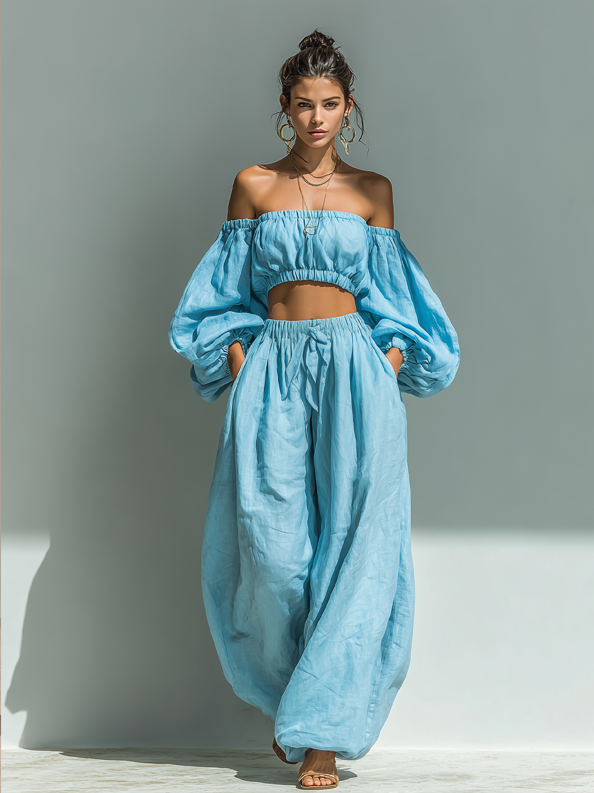 ElevenOra Stylish Elegant Light Blue Cooton Blend Off-Shoulder Long-Sleeved Cropped Top Loose-Fitting Tapered Pants Two-Piece Set