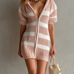 ElevenOra Chic Elegant Pink-White Stripes Hooded Short-Sleeve Zipper-Front Loose-Fit Knit Mini Dress