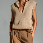 ElevenOra Fashion Casual Camel Lapel Deep V-neck Loose Sleeveless Knit Vest