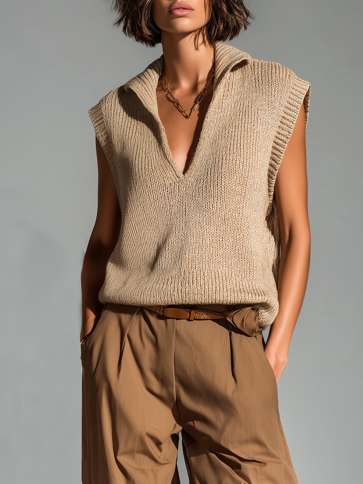 ElevenOra Fashion Casual Camel Lapel Deep V-neck Loose Sleeveless Knit Vest