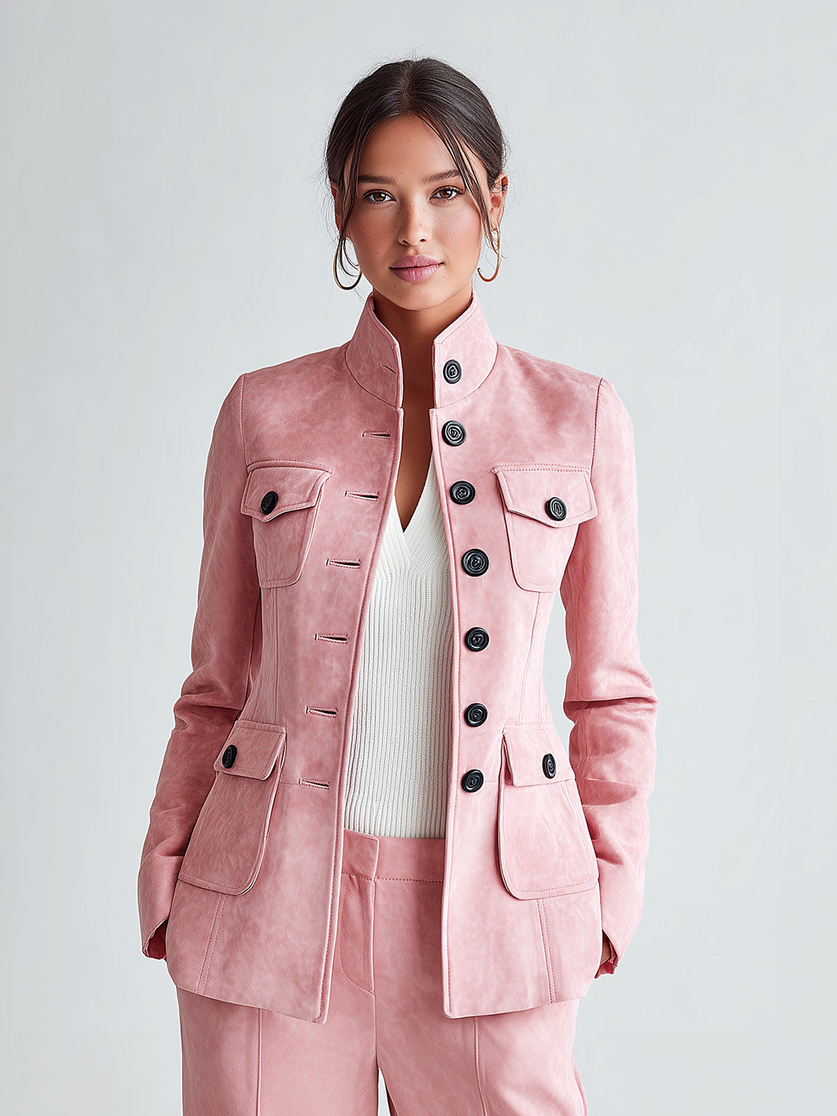 ElevenOra Sophisticated Office Pink Faux Suede Stand Collar Button-Front Multi-Pocket Slim-Fit Jacket