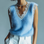 ElevenOra Chic Vintage Blue V-Neck Lace Trim Details Sleeveless Loose-Fit Fuzzy Knit Tank Top