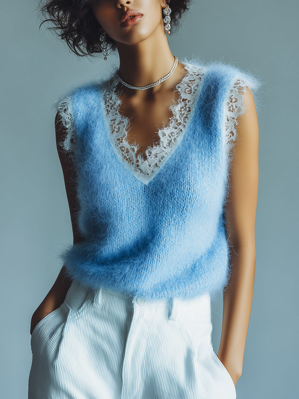 ElevenOra Chic Vintage Blue V-Neck Lace Trim Details Sleeveless Loose-Fit Fuzzy Knit Tank Top