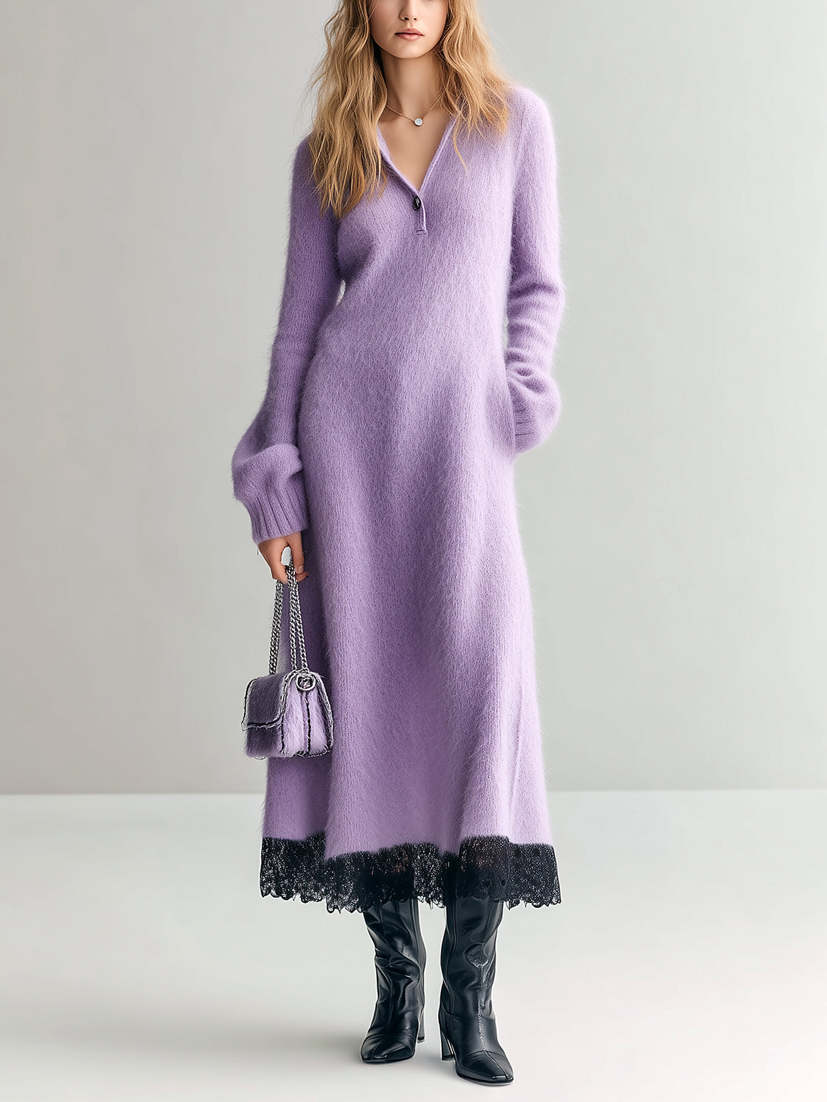 ElevenOra Chic Elegant Lavender Lapel V-Neck Long Sleeve Slim Fit Contrast Lace Hem Knit Maxi Dress