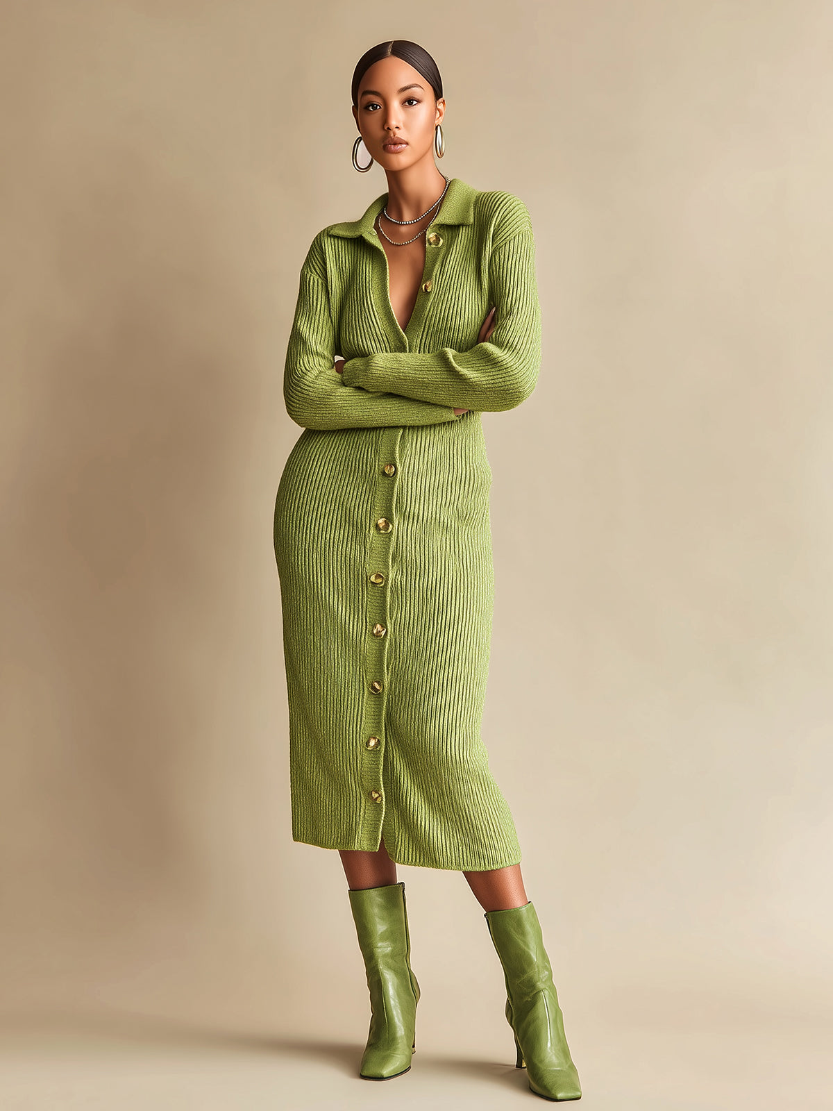 ElevenOra Chic Vintage Grass Green Lapel Single-breasted Long-sleeved Slim-fit Knit Midi Dress