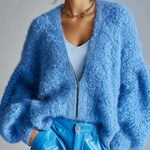 ElevenOra Stylish Casual Blue V-Neck Zipper-Front Loose Plush Knit Cardigan