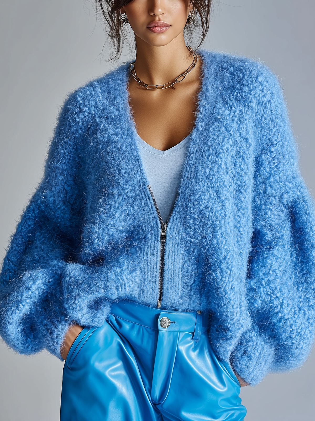 ElevenOra Stylish Casual Blue V-Neck Zipper-Front Loose Plush Knit Cardigan