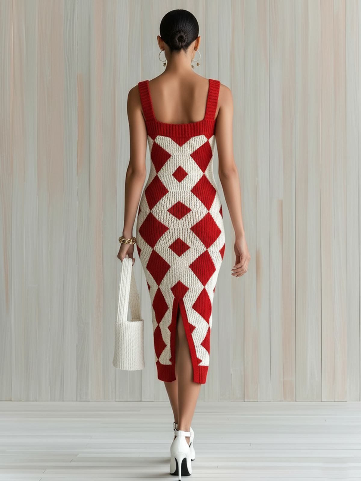 ElevenOra Chic Elegant Red-White Geometric Jacquard Strappy Sleeveless Slim-Fit Ribbed Knit Midi Dress