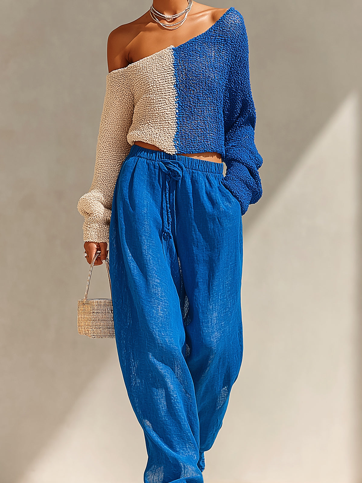 ElevenOra Chic Elegant Royal Blue-Beige Colorblock One-Shoulder Long-Sleeve Sweater Top Linen Cotton Cuffed Pants Two-Piece Set