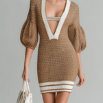 ElevenOra Stylish Brown V-Neck Puff Sleeve Loose Knit Dress Mini Dress