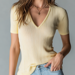 ElevenOra Chic Casual Yellow V-Neck Short Sleeve Oversized Ribbed Knit Sweater