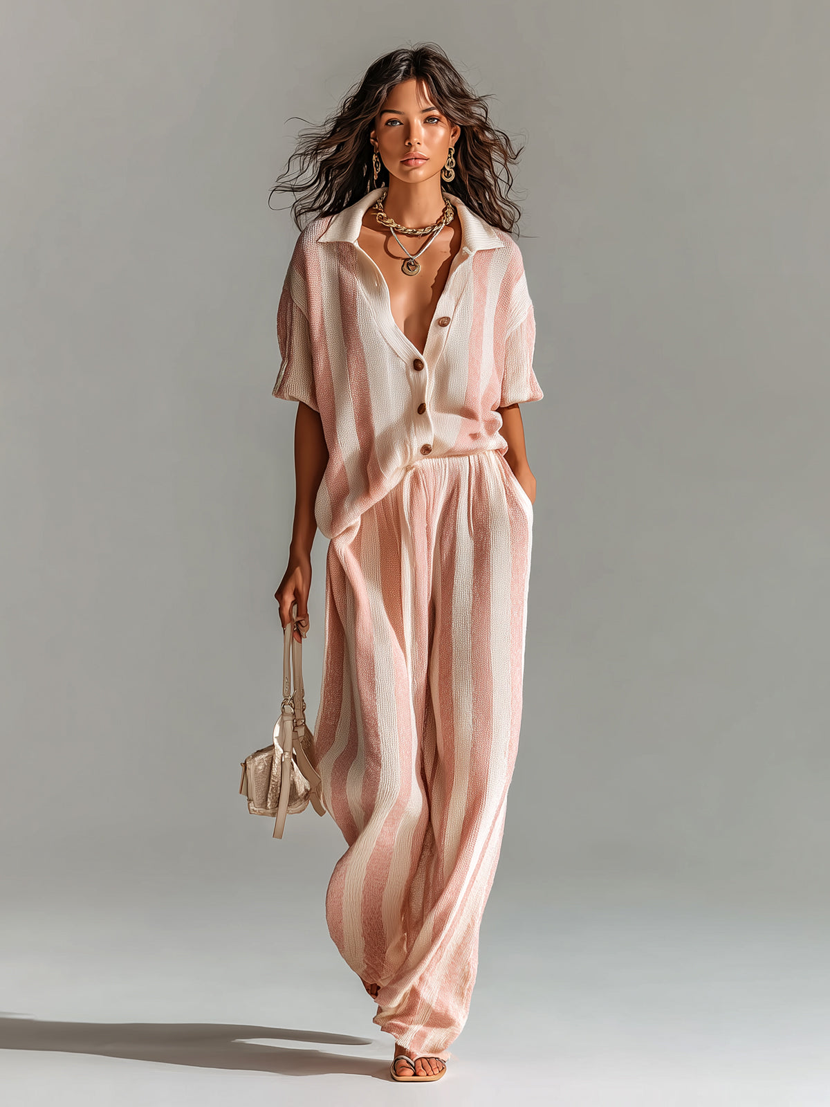 ElevenOra Chic Casual Pink-Beige Stripes Lapel Single-Breasted Short-Sleeve Top Wide-Leg Pants Ribbed Knit Two-Piece Set