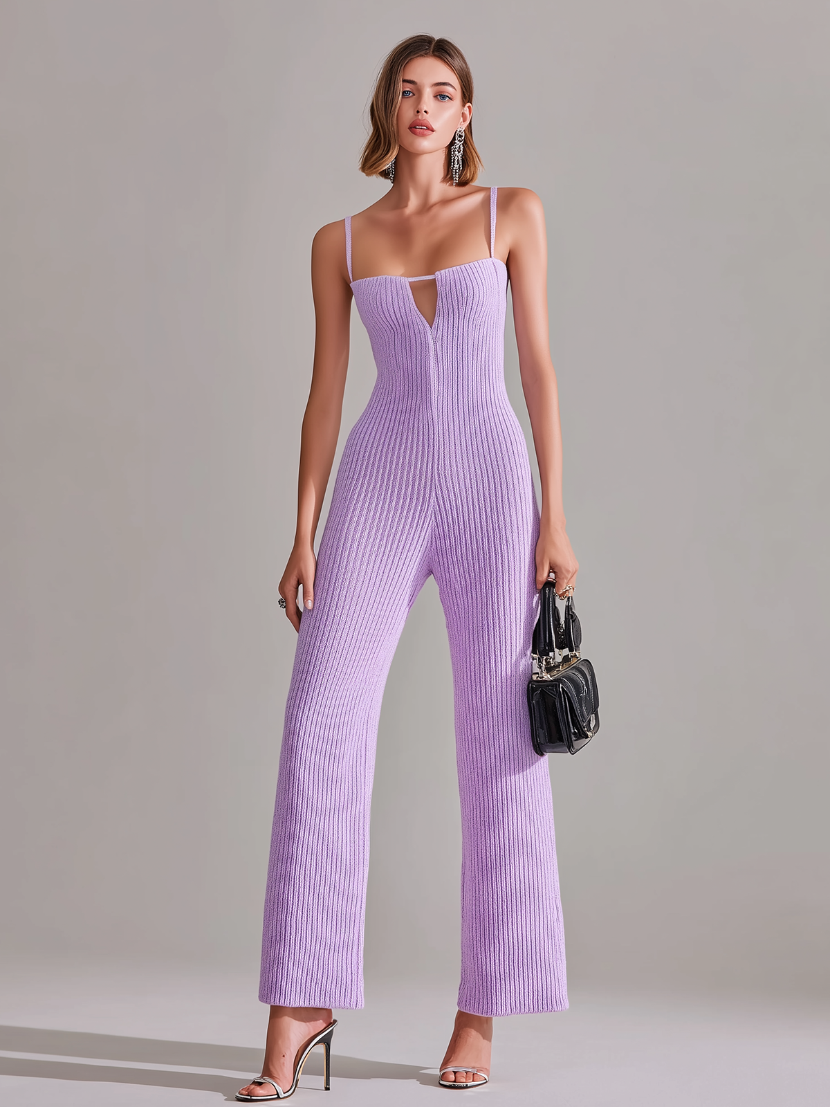 ElevenOra Stylish Elegant Light Purple Strappy Hollow-Out Wide-Leg Knit Jumpsuit