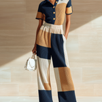 ElevenOra Stylish Elegant Navy Blue-Brown Colorblock Lapel Collar Button-Front Slim-Fit Wide-Leg Ribbed Knit Jumpsuit