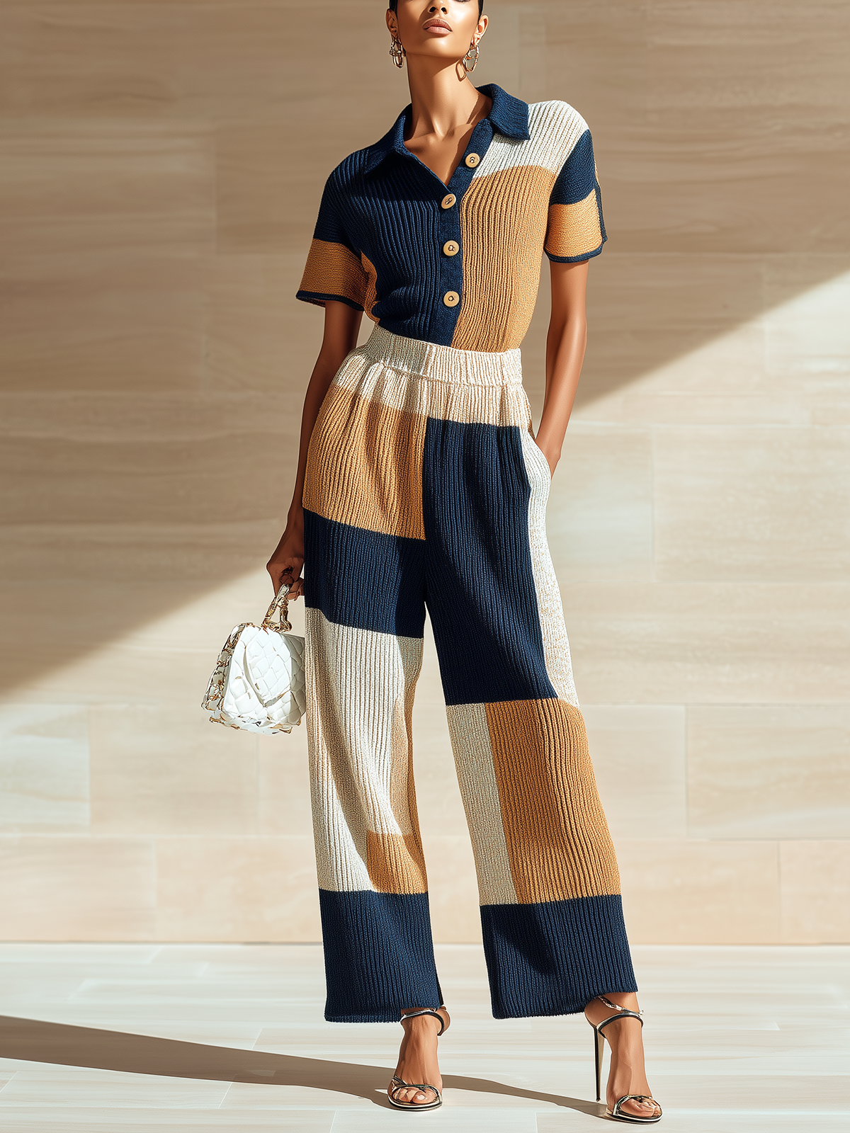 ElevenOra Stylish Elegant Navy Blue-Brown Colorblock Lapel Collar Button-Front Slim-Fit Wide-Leg Ribbed Knit Jumpsuit