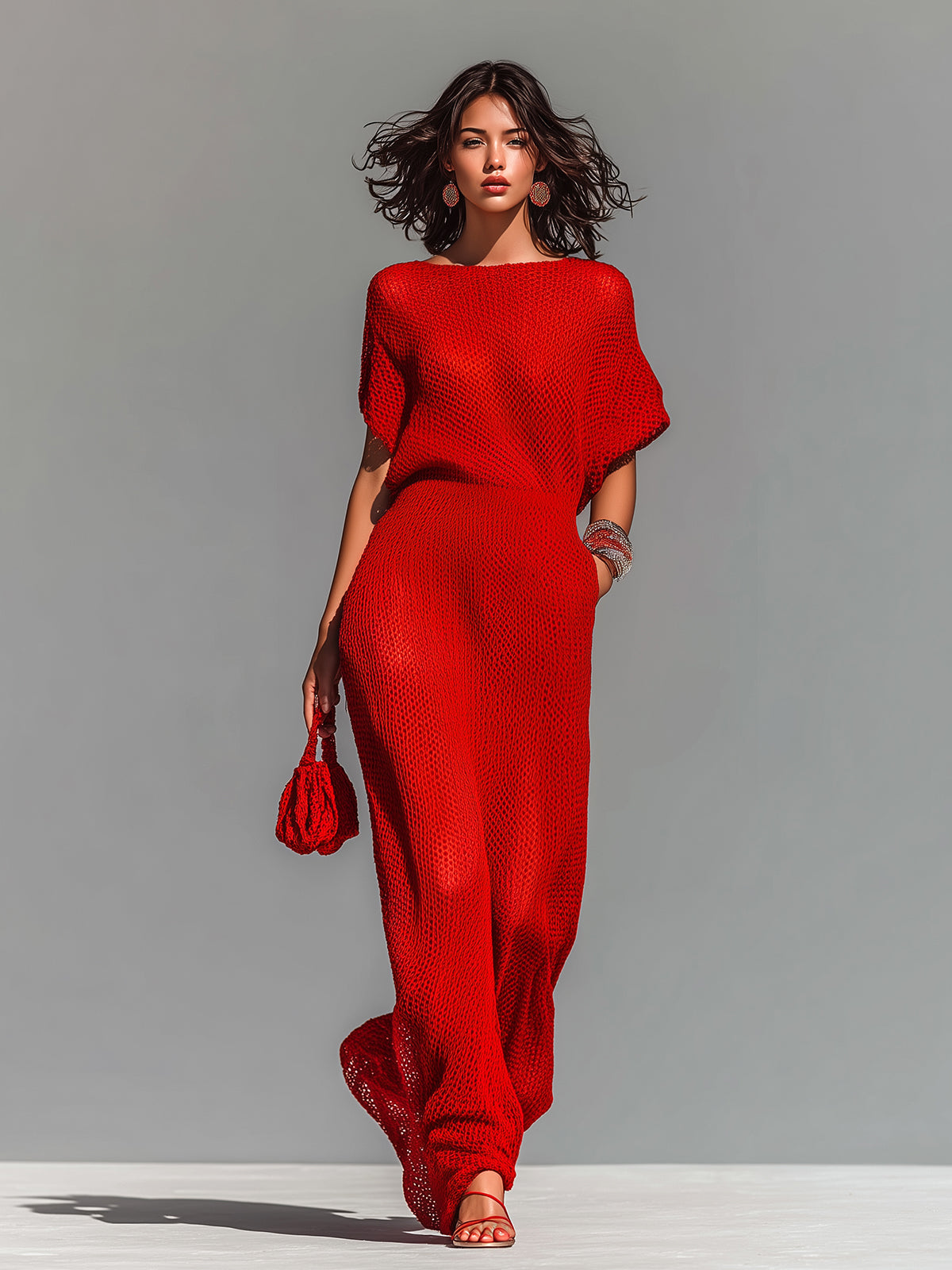 ElevenOra Chic Elegant Red Boat Neck Short-Sleeve Loose-Fit Breathable Knit Maxi Dress