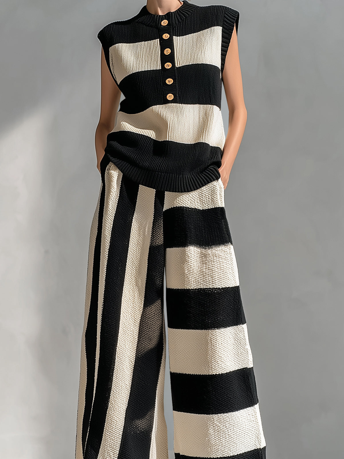 ElevenOra Chic Elegant Black-Beige Stripes Round-Neck Sleeveless Oversize Vest Loose-Fit Wide-Leg Pants Ribbed Knit Two-Piece Set
