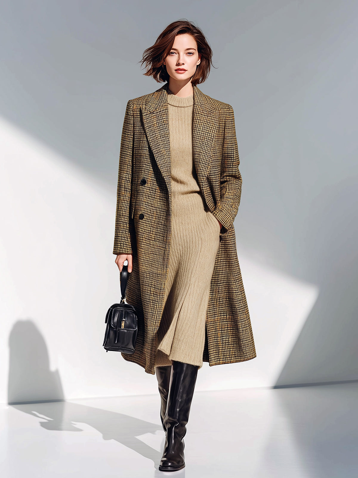 ElevenOra Vintage Elegant Khaki Plaid Wool Blend Lapel Double-Breasted Long Coat