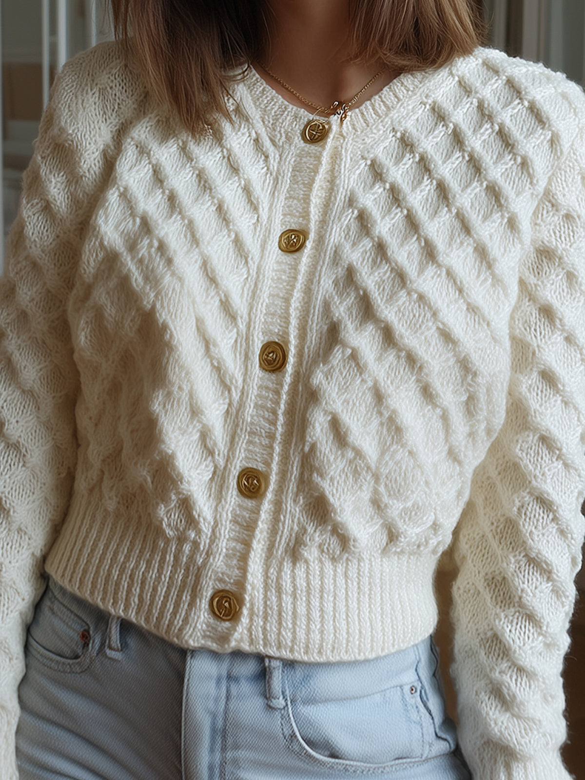 ElevenOra Casual Chic Cream White Cable Knit Crew Neck Gold Button Cropped Cardigan