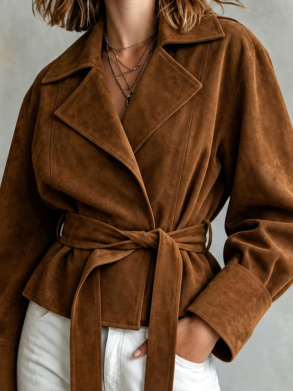 ElevenOra Chic Elegant Brown Faux Suede Notched Lapel Open-Front Belted Long-Sleeve Loose-Fit Cropped Jacket