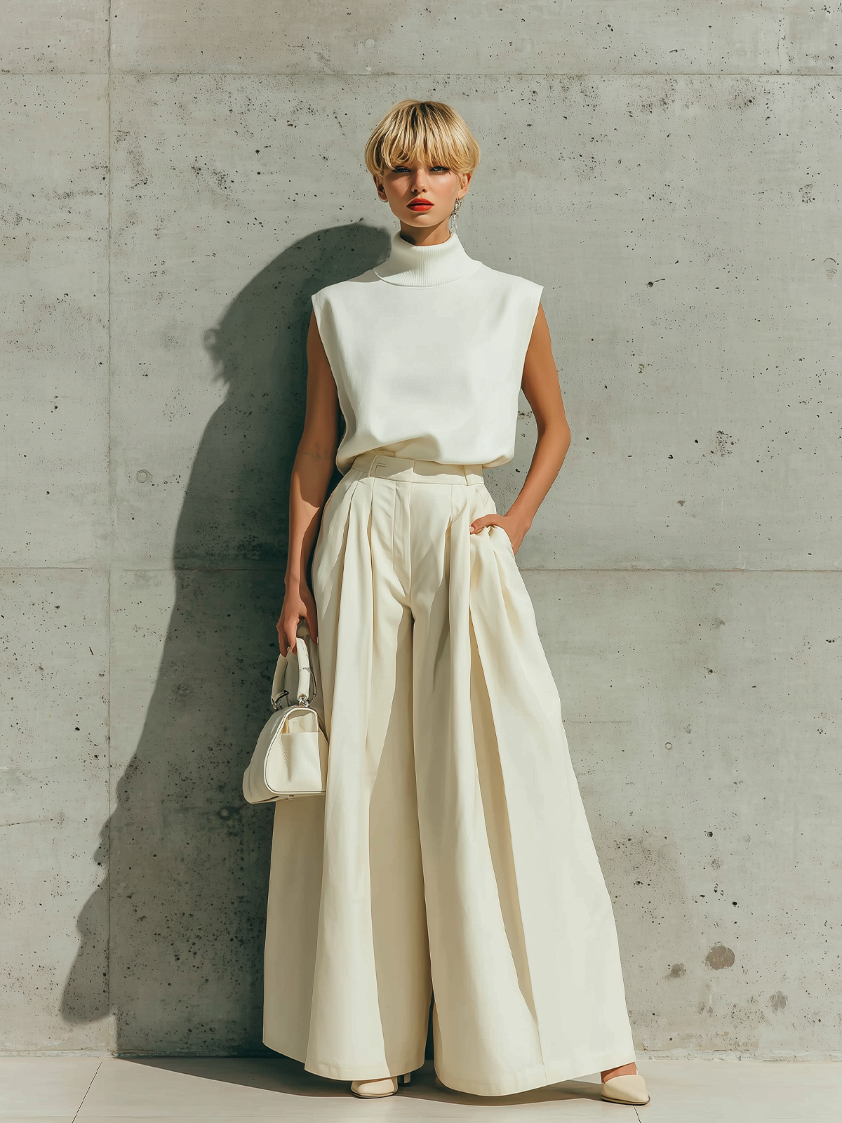 ElevenOra Stylish Elegant White Turtleneck Sleeveless Loose-Fit Knit Vest Top Beige High-Waist Wide-Leg Pants Teo-Piece Set