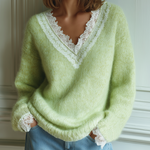 ElevenOra Chic Elegant Light Green V-Neck Lace Trim Detail Long Sleeve Oversize Fuzzy Knit Sweater