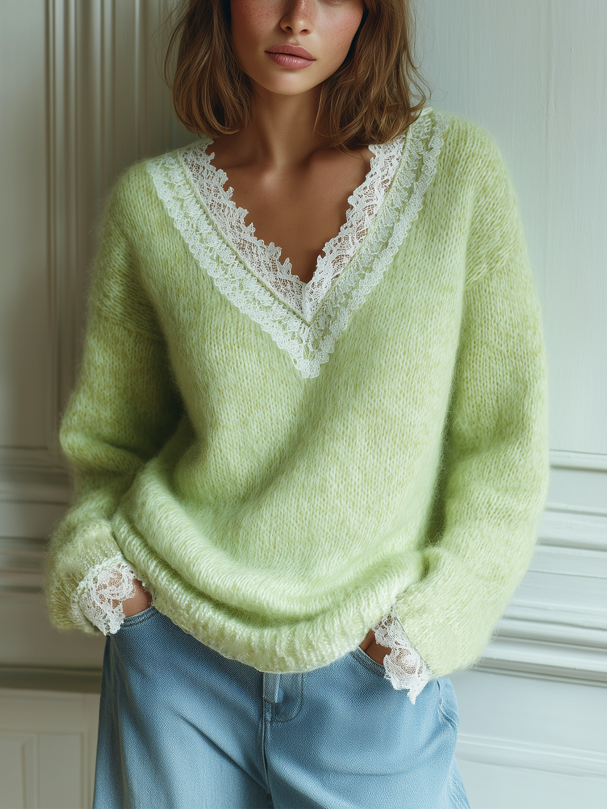 ElevenOra Chic Elegant Light Green V-Neck Lace Trim Detail Long Sleeve Oversize Fuzzy Knit Sweater