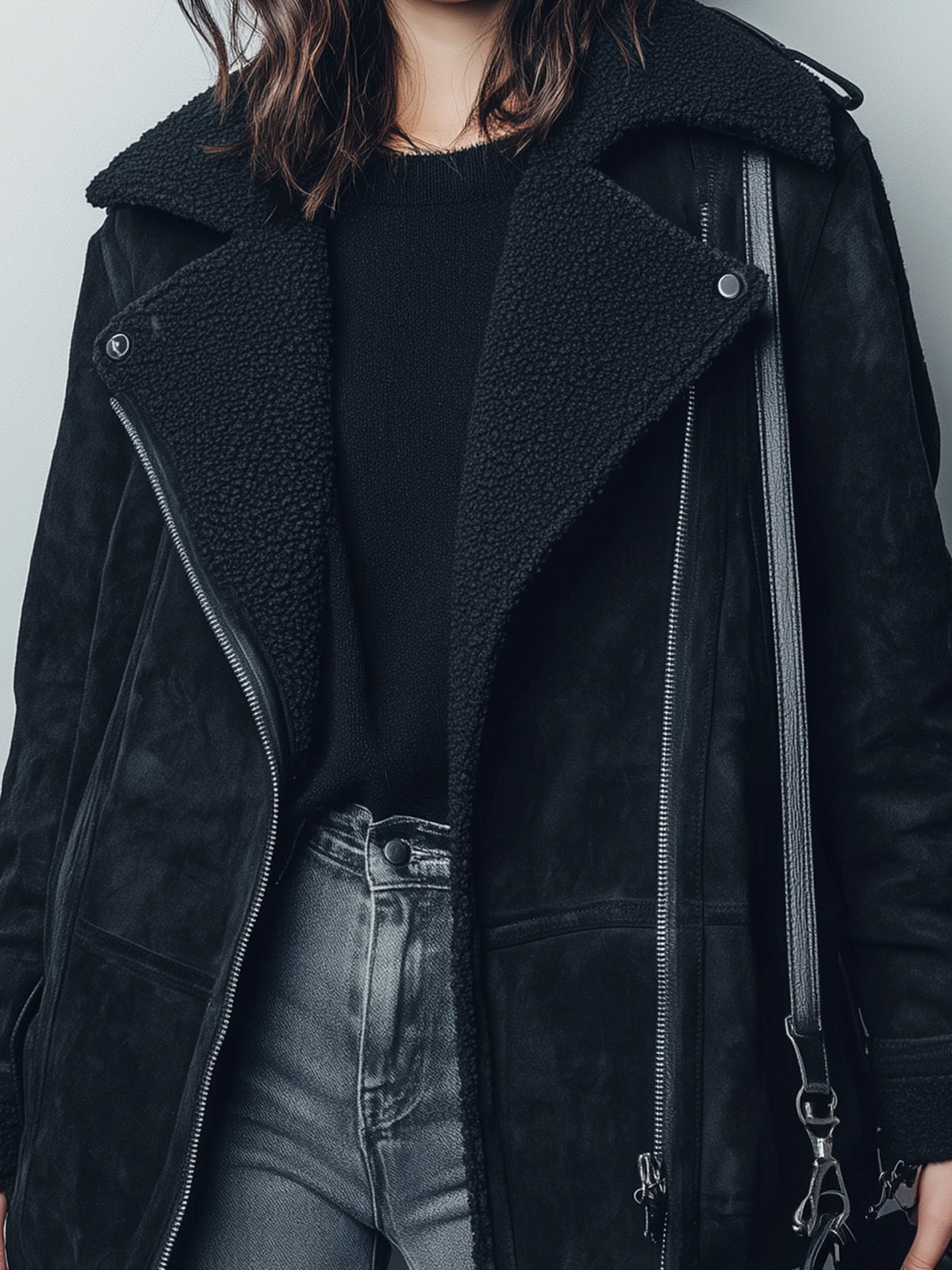 ElevenOra Chic Casual Black Faux Suede Shearling Collar Zipper-Front Oversized Warm Biker Jacket