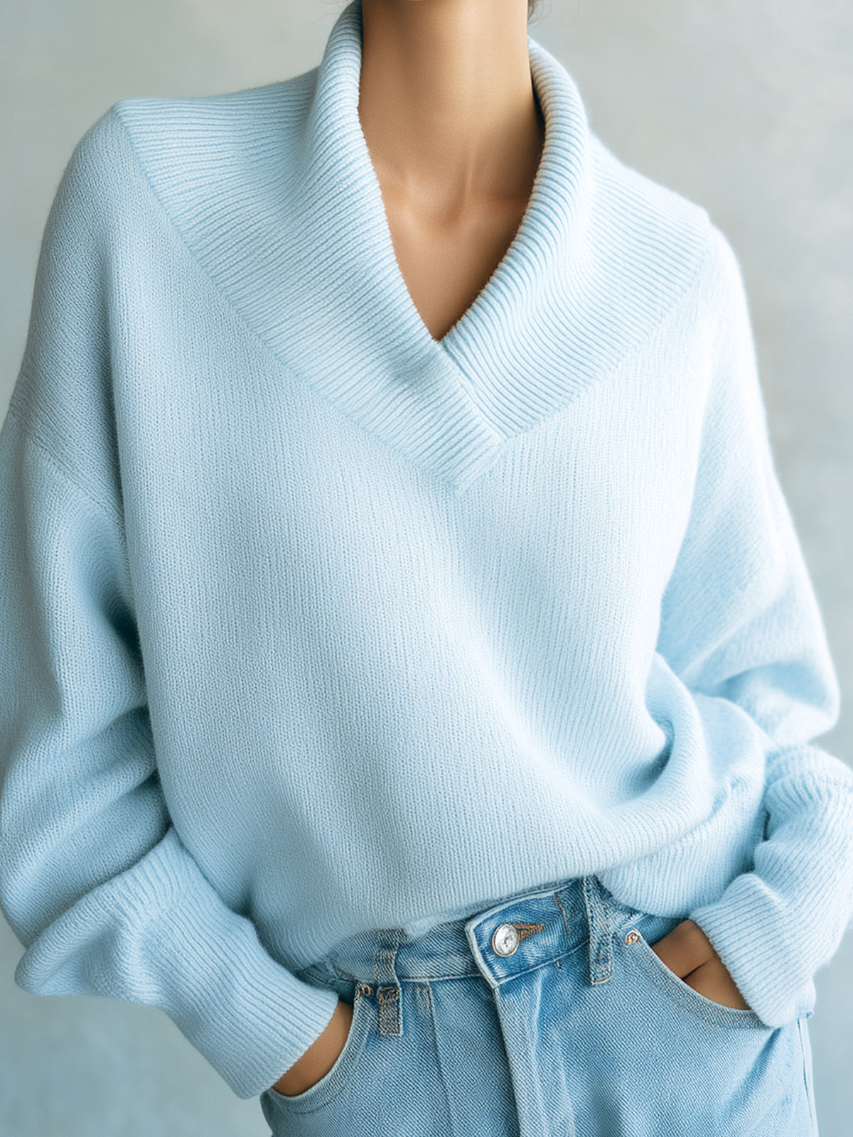 ElevenOra Chic Elegant Light Blue Shawl Collar Long-Sleeve Loose Ribbed Knit Sweater Top