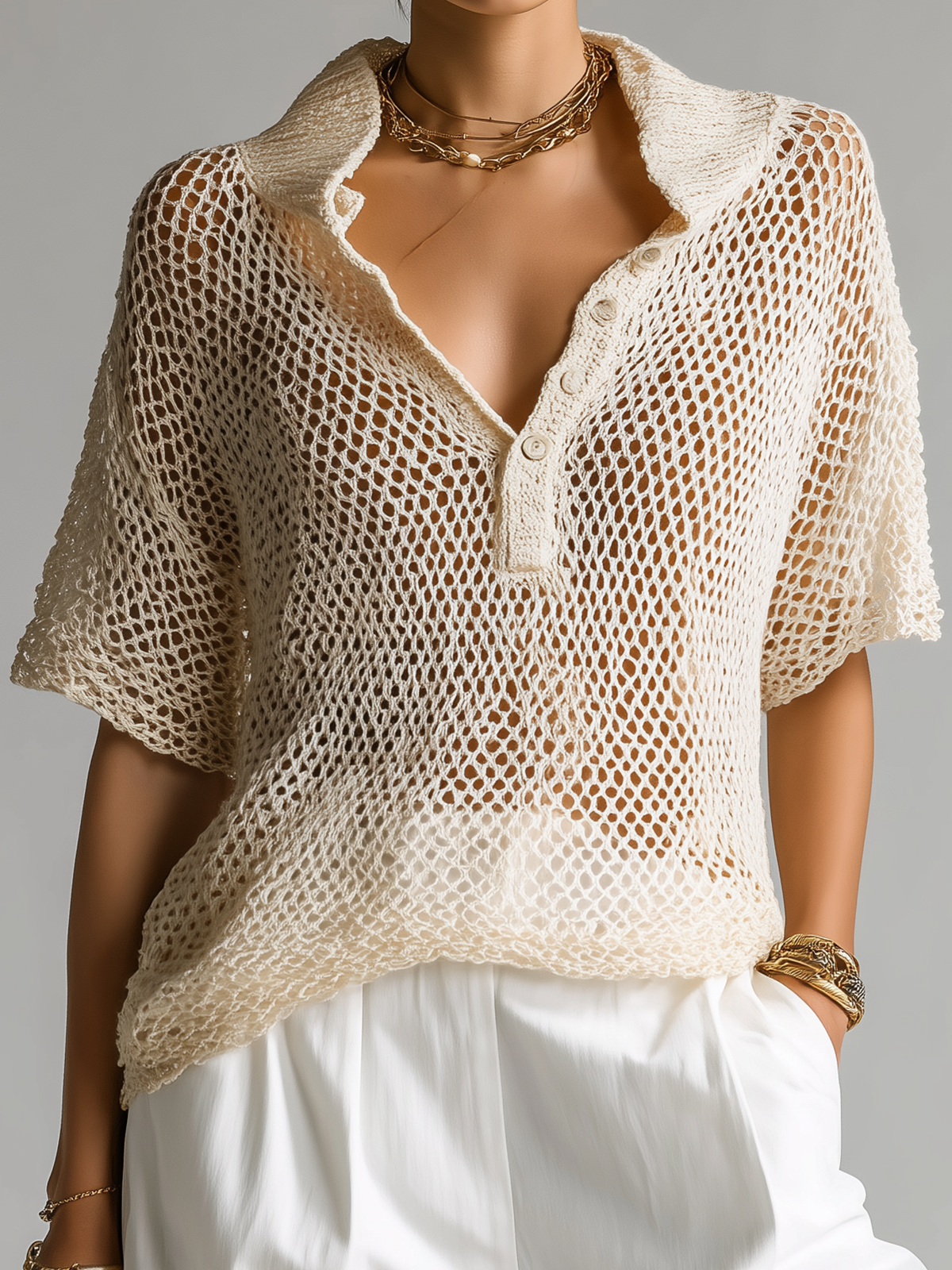 ElevenOra Fashion Casual Beige Lapel Button Mesh Short-Sleeve Loose Knit Sweater Top