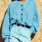 ElevenOra Casual Chic V-neck Single-breasted Oversized Long-sleeved Mohair Knit Cardigan
