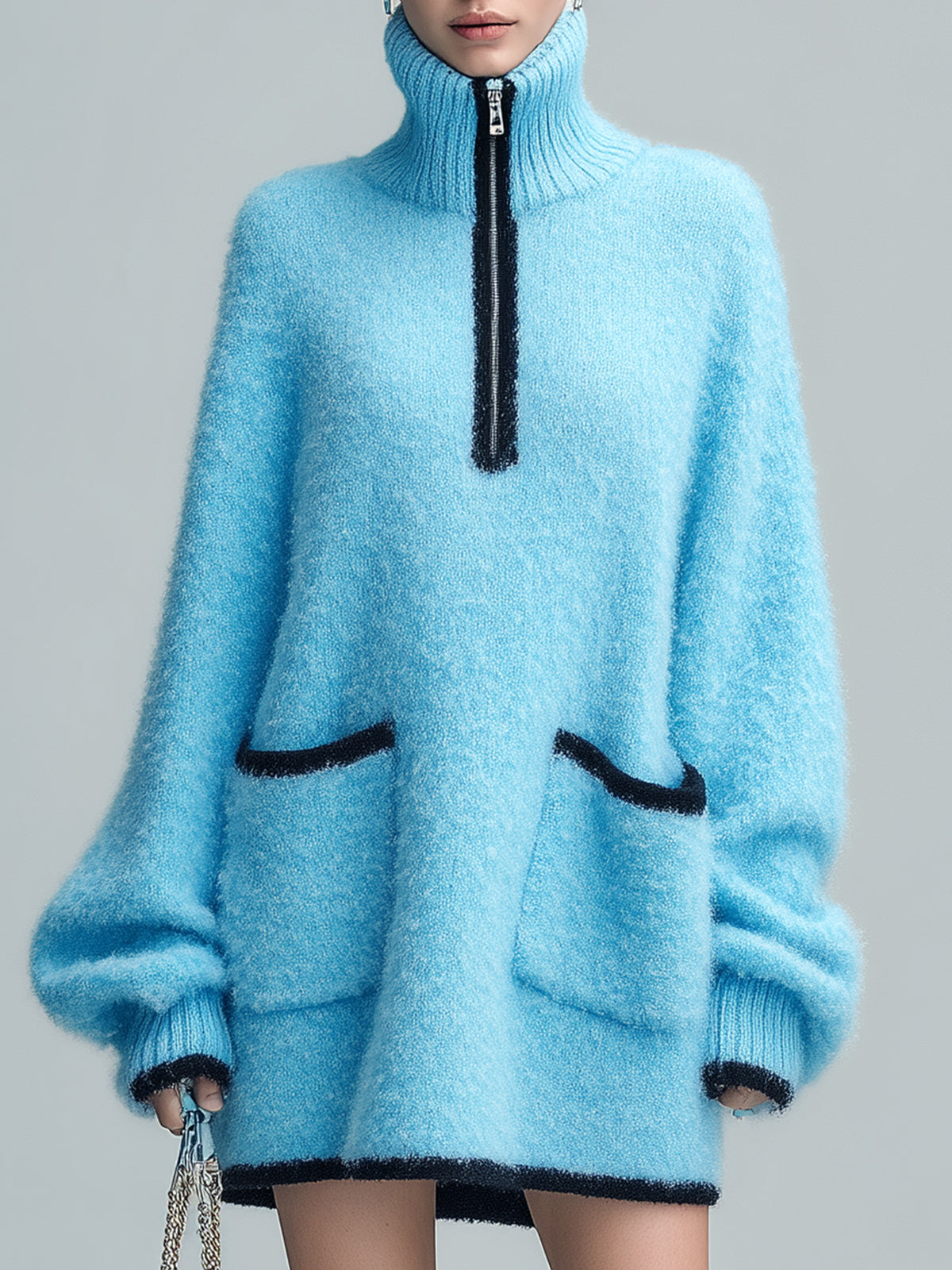 ElevenOra Casual Chic Oversize Zipper Stand Collar Patch Pocket Contrast Trim Long Sleeve Knit Mini Dress