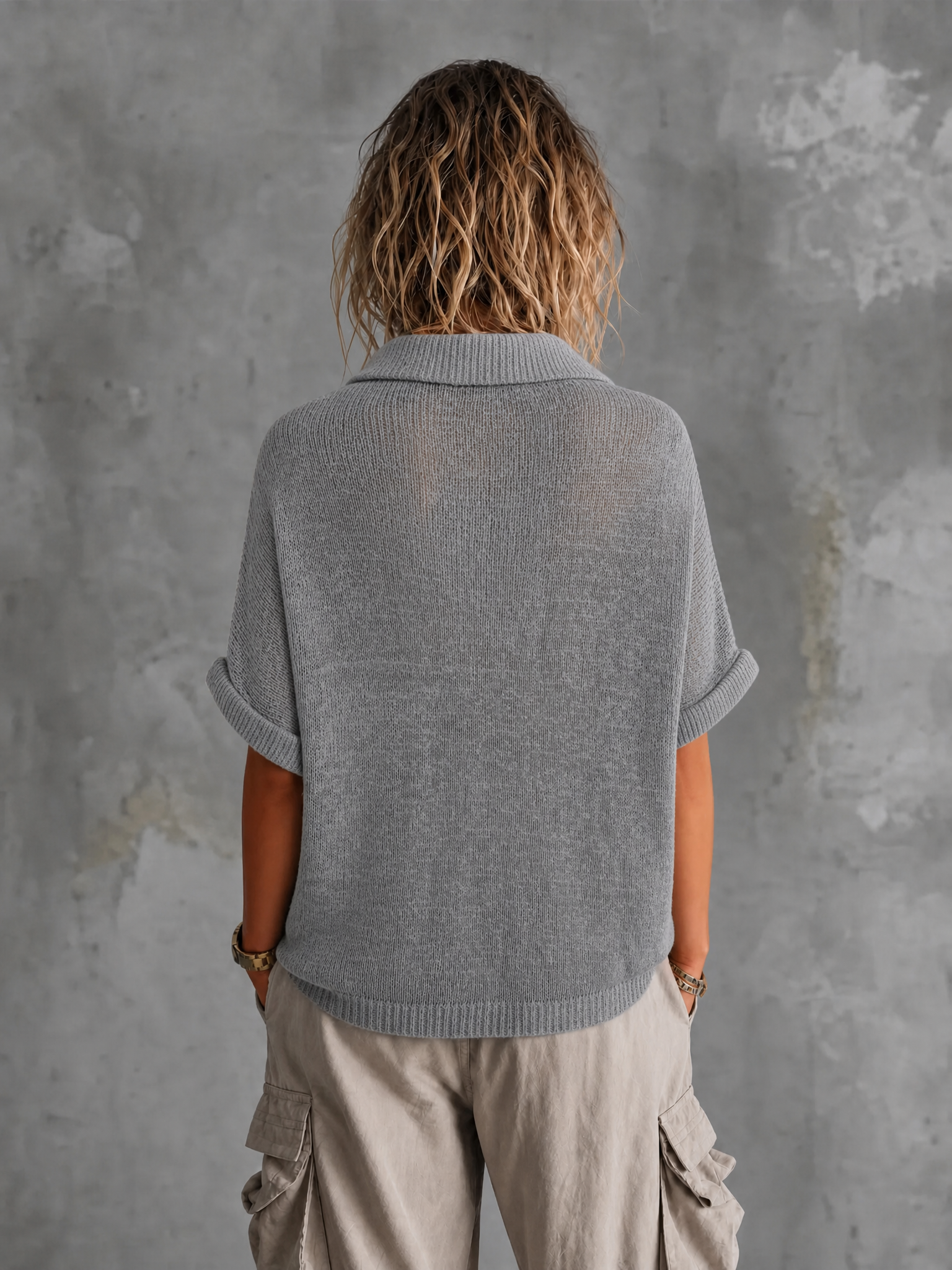 ElevenOra Chic Casual Dusty Grey Lapel-Collar V-Neck Button-Detail Half‑Sleeve Loose-Fit Mesh Knit Sweater Top