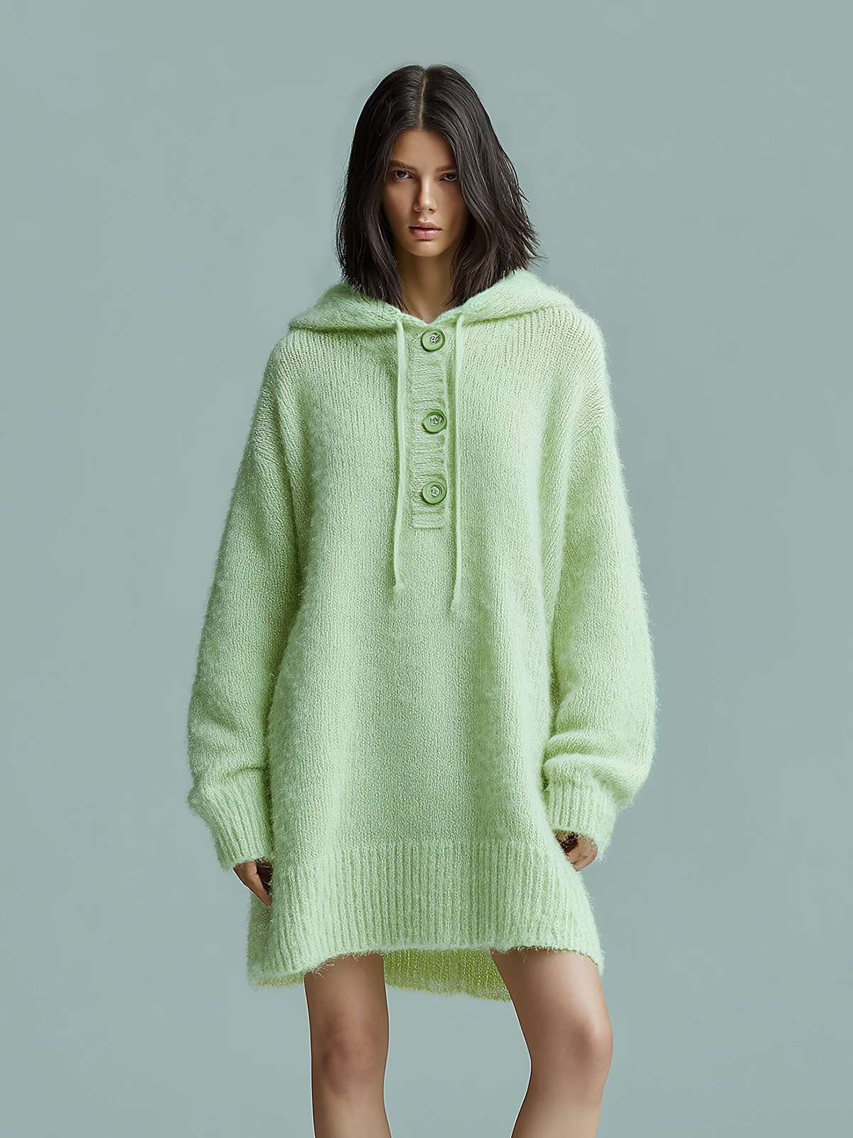ElevenOra Chic Casual Light Green Hooded Drawstring Botton Oversized Long Sleeve Knit Mini Dress