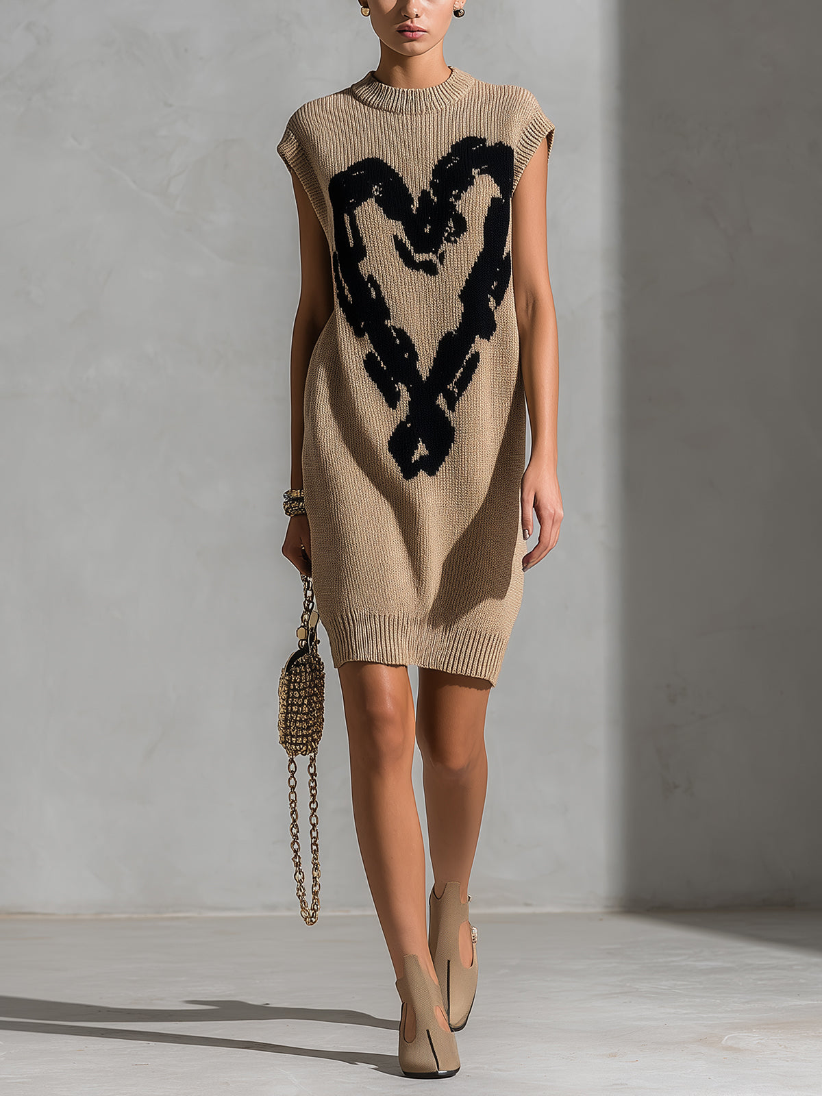 ElevenOra Chic Elegant Camel Round-Neck Sleeveless Black Heart Jacquard Loose-Fit Knit Midi Dress