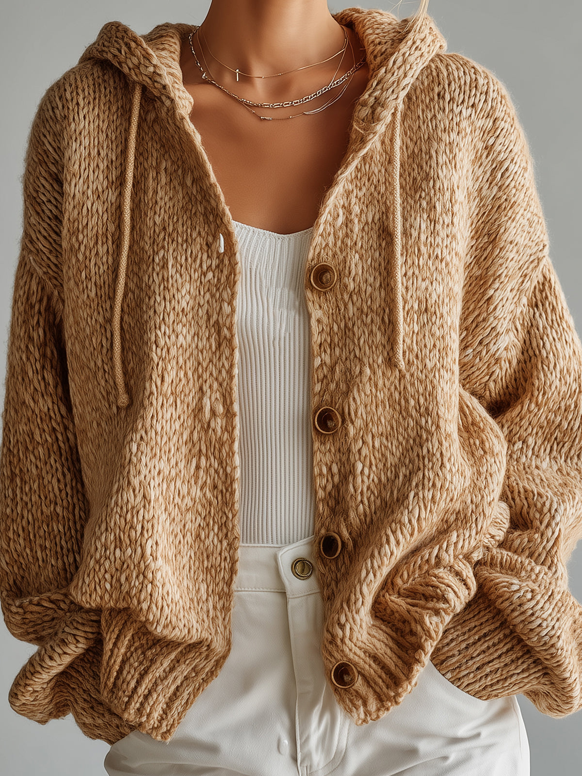 ElevenOra Chic  Casual Camel Hooded Wooden Button Slouchy Chunky Knit Cardigan