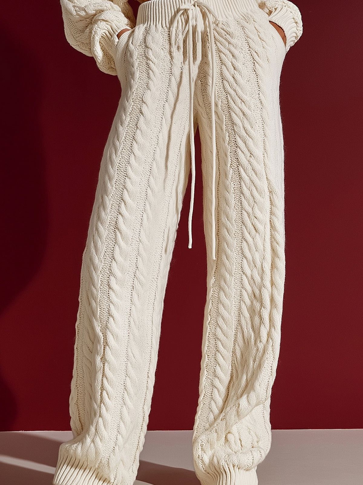 ElevenOra Chic Elegant Beige Drawstring Elastic Waist Side Pocket Cable-Knit Wide-Leg Pants