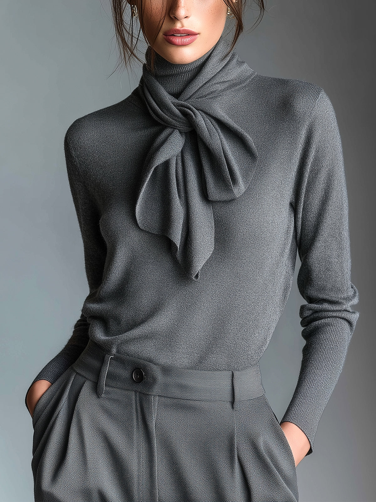 ElevenOra Chic Vintage Dark Gray Bow Tie Turtleneck Long Sleeve Slim-Fit Knit Sweater Top