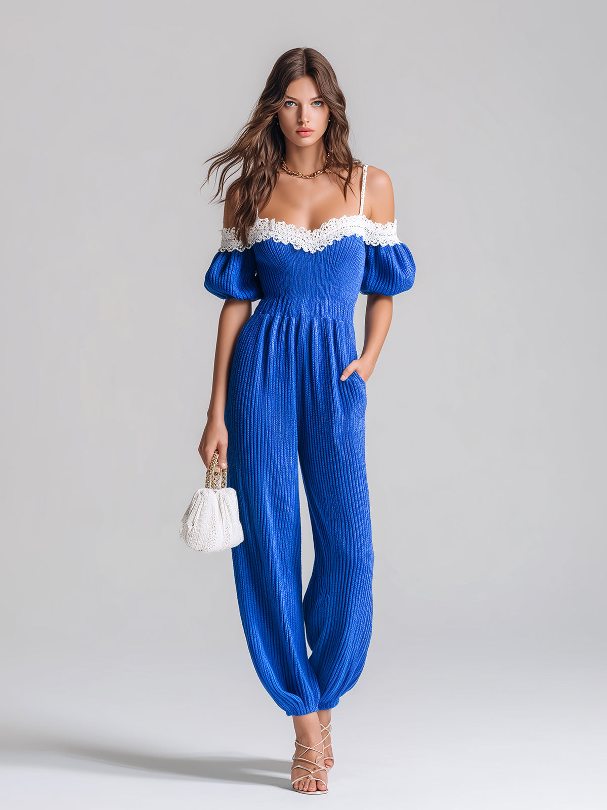 ElevenOra Chic Elegant Royal Blue Off-The-Shoulder Short-Sleeve Lace Details Elastic Waist Loose-Fit Knit Harem Jumpsuit