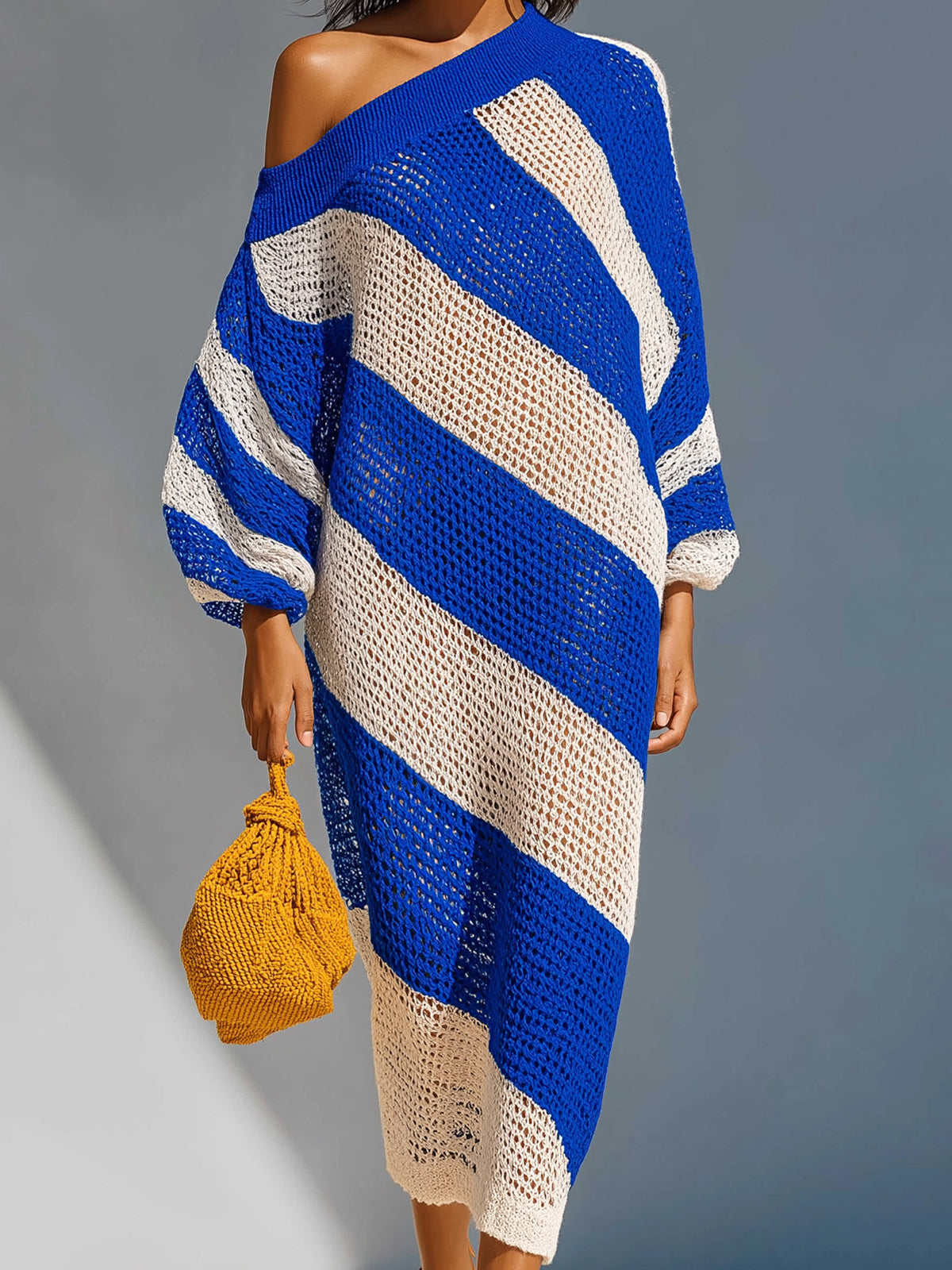 ElevenOra Chic Elegant Royal Blue-White Stripes One-Shoulder Long Lantern Sleeve Loose-Fit Knit Maxi Dress
