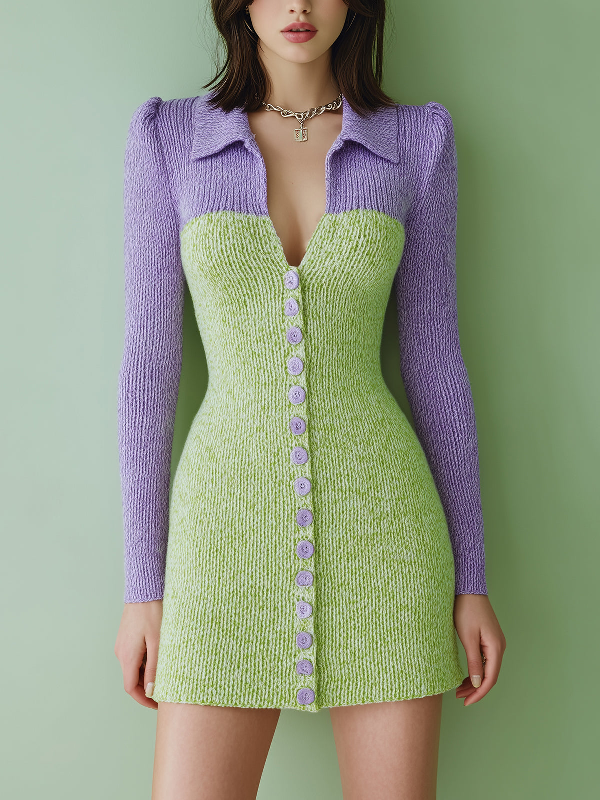 ElevenOra Stylish Colorblock Lapel Button Decoration Slim Fit Knit Mini Dress