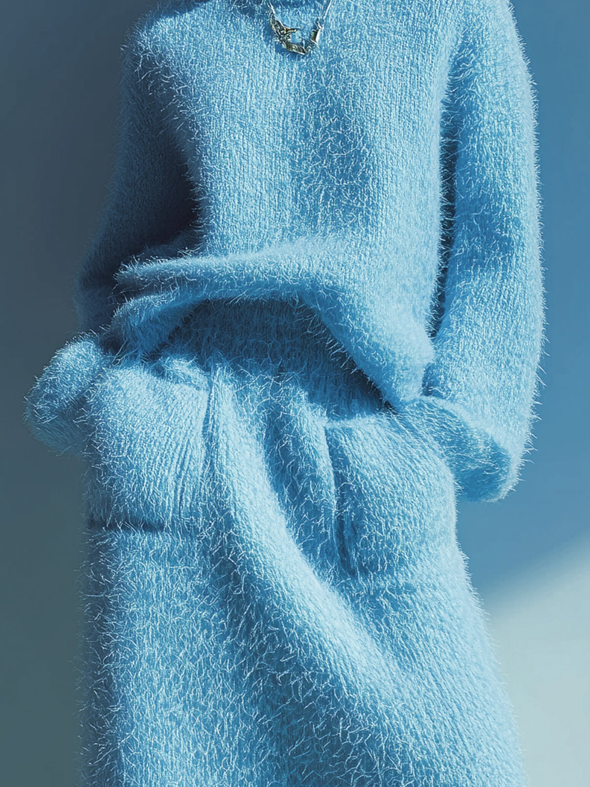 ElevenOra Chic Casual Baby Blue Round Neck Oversized Long Sleeve Sweater Patch Pocket Maxi Skirt Knit Two-Piece Set