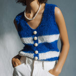 ElevenOra Chic Casual Royal Blue Stripes V-Neck Pearl Button Details Lace-Up Details Loose-Fit Knit Vest