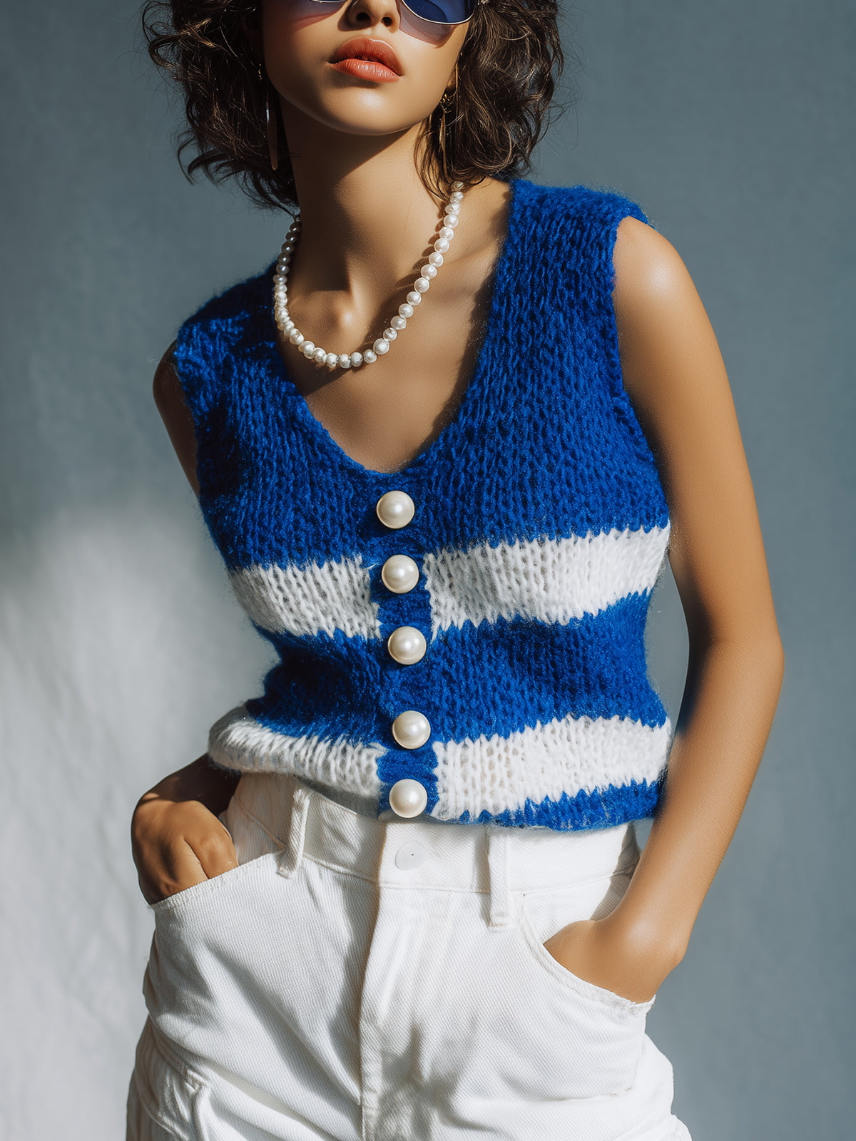ElevenOra Chic Casual Royal Blue Stripes V-Neck Pearl Button Details Lace-Up Details Loose-Fit Knit Vest