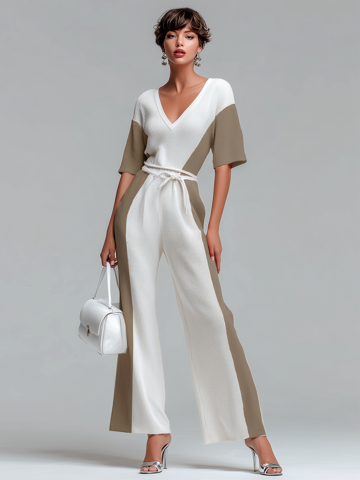 ElevenOra Stylish Elegant White Contrast V-Neck Short-Sleeve Loose-Fit Tie-Waist Wide-leg Knit Jumpsuit