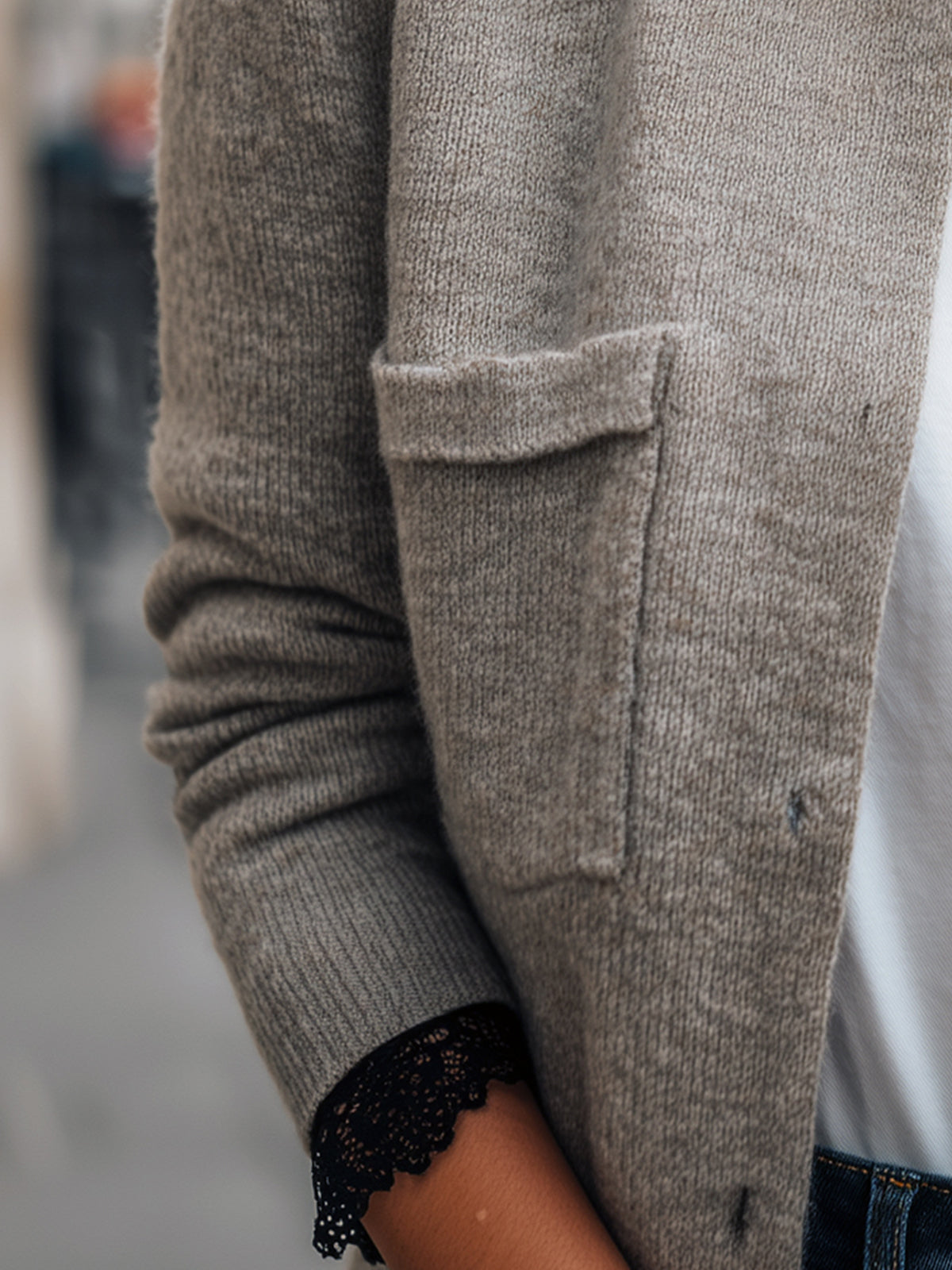 ElevenOra Chic Elegant Light Gray Crew Neck Gold Button Double Pocket Lace Cuff Cropped Knit Cardigan