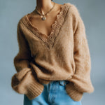 ElevenOra Chic Elegant Brown Deep V-Neck Lace Trim Detail Long Sleeve Oversize Fuzzy Knit Sweater Top